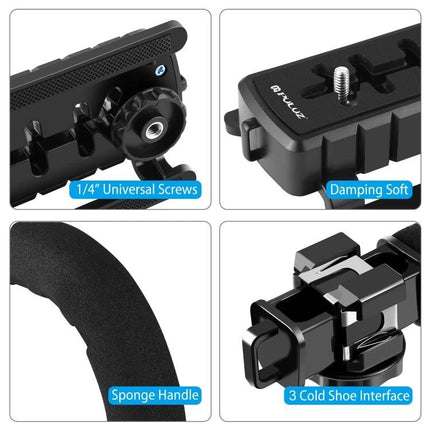 PULUZ C-Shaped Handheld Camera Stabilizer for Video Recording showing 1/4" screws, damping soft plate, sponge handle and 3 cold shoe interfaces