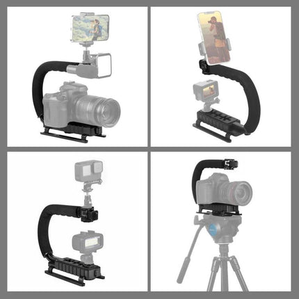 PULUZ C-Shaped Handheld Camera Stabilizer for Video Recording showing multi-angle setup with phone, camera, and action cam mounts