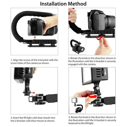 PULUZ C-Shaped Handheld Camera Stabilizer for Video Recording showing installation steps mounting camera, rotating knobs and attaching fill light