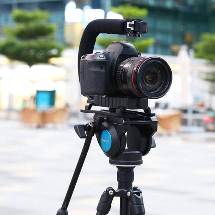 PULUZ C-Shaped Handheld Camera Stabilizer for Video Recording mounted with DSLR on tripod for smooth handheld-style footage