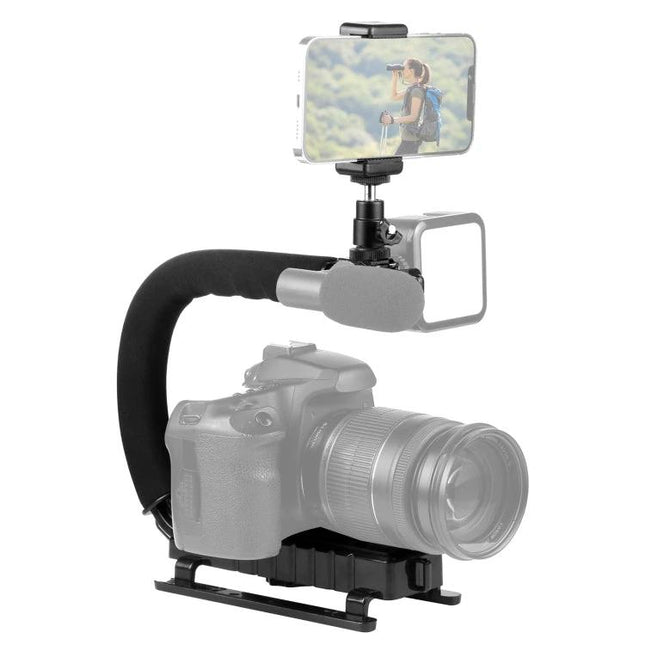 PULUZ C-Shaped Handheld Camera Stabilizer for Video Filming showing smartphone mount and cushioned grip for smooth vlogging shots
