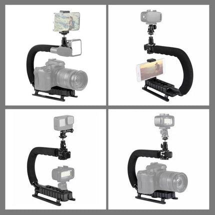 PULUZ C-Shaped Handheld Camera Stabilizer for Video Filming shown with DSLR and smartphone mounted for multi-angle vlogging and steady footage