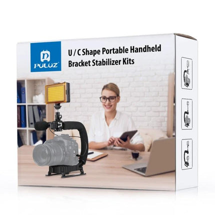 PULUZ C-Shaped Handheld Camera Stabilizer for Video Filming shown with DSLR, LED light and tabletop vlogging setup