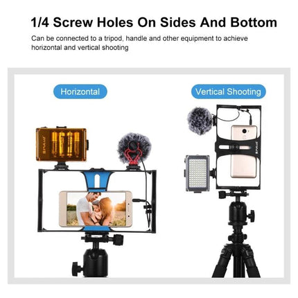 PULUZ Smartphone Vlogging Rig for Easy Video Recording showing horizontal and vertical shooting setup with microphone and LED light