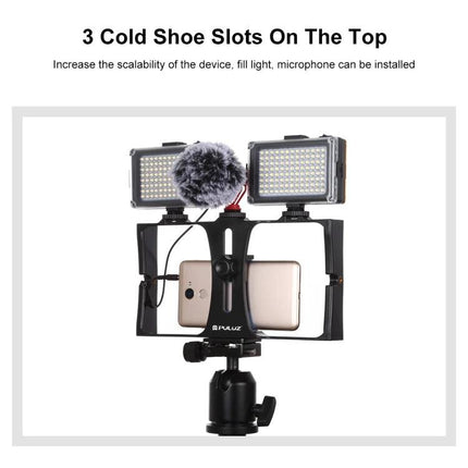 PULUZ Smartphone Vlogging Rig for Easy Video Recording with 3 cold shoe slots, LED lights and shotgun microphone mounted