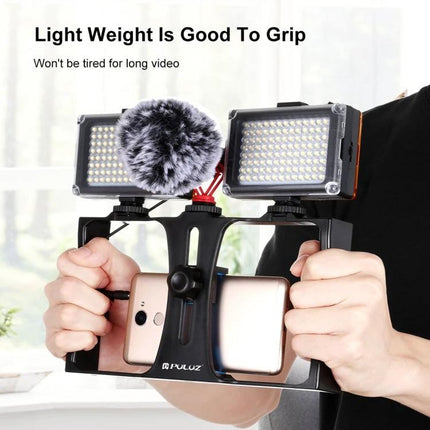 PULUZ Smartphone Vlogging Rig for Easy Video Recording held with dual LED lights and microphone for stable mobile vlogging