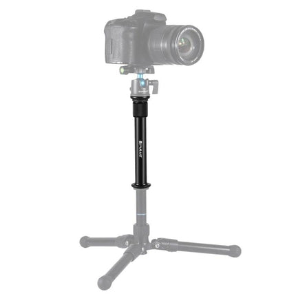 PULUZ Adjustable Metal Handheld Tripod Mount for DSLR and SLR Cameras shown supporting a DSLR on a compact tabletop tripod