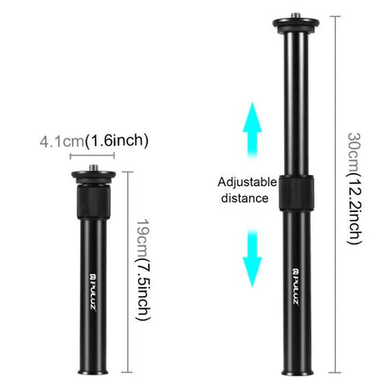 PULUZ Adjustable Metal Handheld Tripod Mount for DSLR and SLR Cameras showing collapsed 19cm and extended 30cm adjustable height