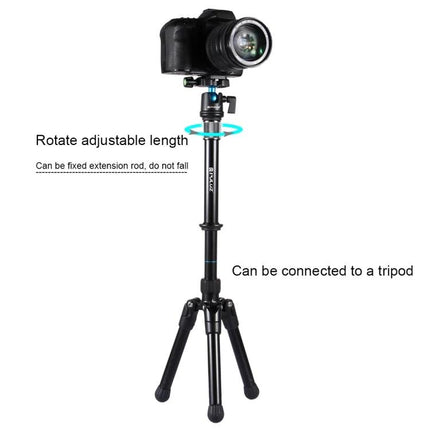 PULUZ Adjustable Metal Handheld Tripod Mount for DSLR and SLR Cameras shown with camera on adjustable telescoping rod and small tripod base