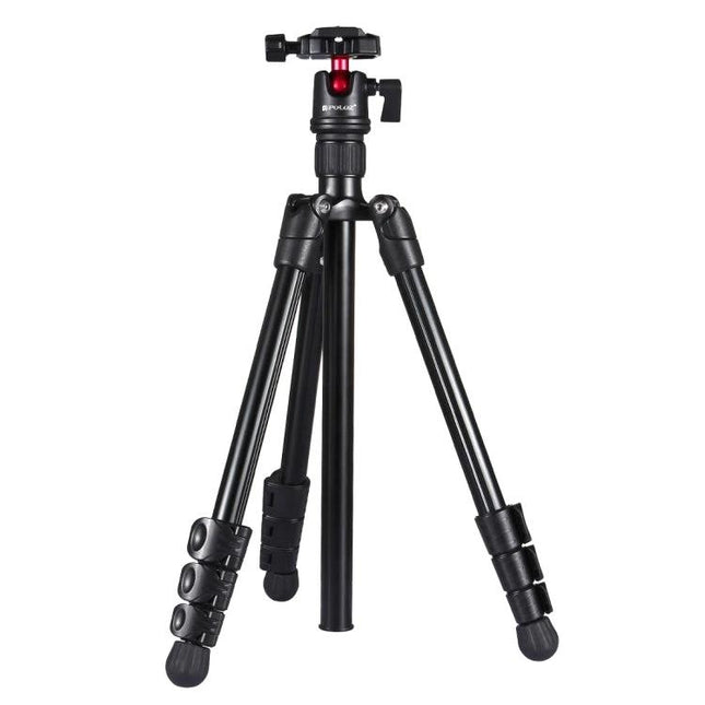 PULUZ Metal Tripod with Adjustable Height for Cameras shown folded legs and adjustable center column for stable outdoor and indoor photography