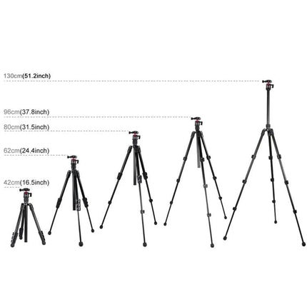 PULUZ Metal Tripod with Adjustable Height for Cameras showing five height stages from 42cm to 130cm for stable outdoor and indoor use
