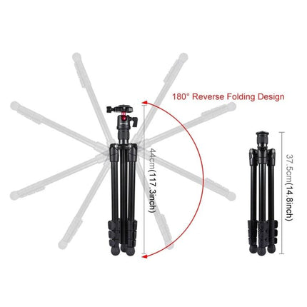 PULUZ Metal Tripod with Adjustable Height for Cameras showing 180° reverse folding, compact 37.5cm folded and 44cm extended