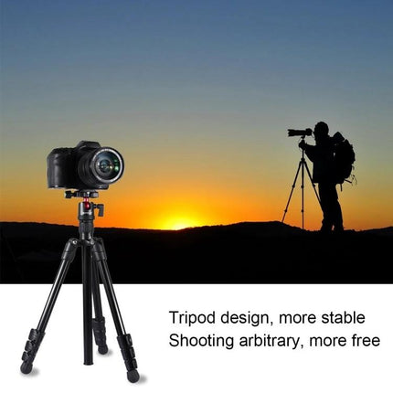 PULUZ Metal Tripod with Adjustable Height for Cameras set up at sunset with DSLR showing sturdy, portable adjustable-height support for outdoor and indoor shoots