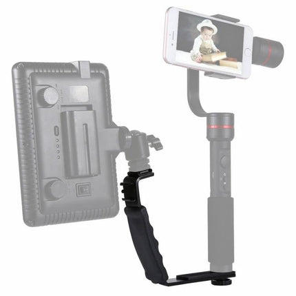 PULUZ L-Shape Handheld Grip with Cold Shoe Mounts for Cameras mounted on gimbal holding LED light and smartphone for portrait lighting