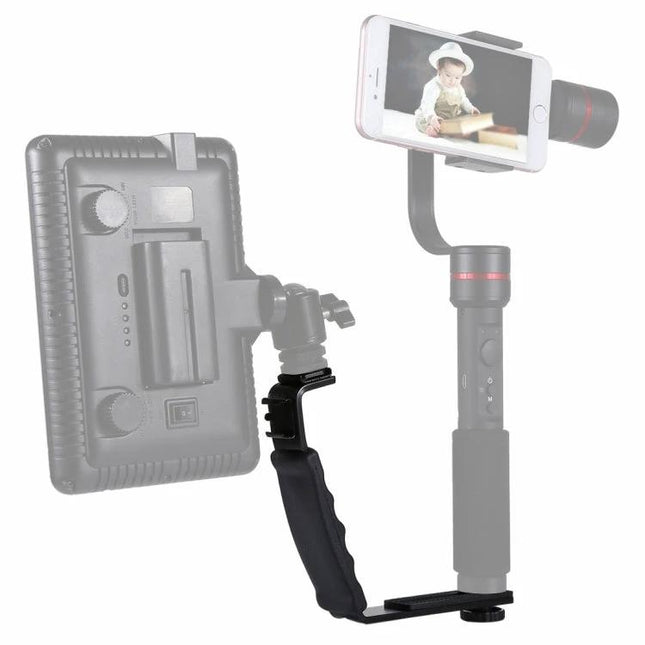 PULUZ L-Shape Handheld Grip with Cold Shoe Mounts for Cameras mounted on gimbal holding LED light and smartphone for portrait lighting
