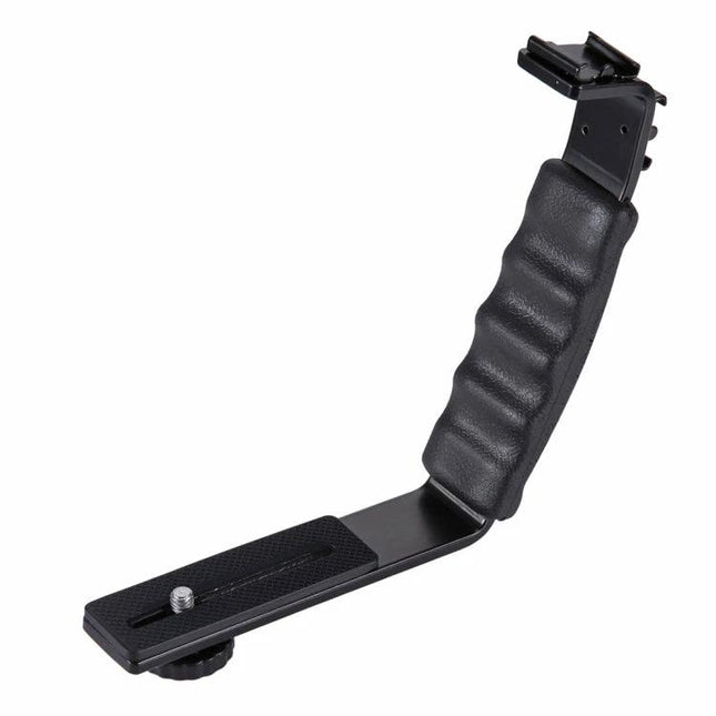 PULUZ L-Shape Handheld Grip with Cold Shoe Mounts for Cameras ergonomic aluminum grip with cold shoe for flash and camera mounting