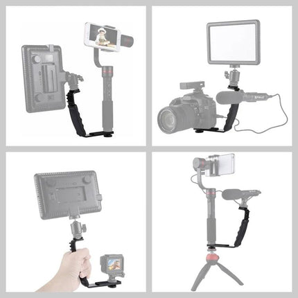 PULUZ L-Shape Handheld Grip with Cold Shoe Mounts for Cameras mounted on camera rig with microphone and LED light