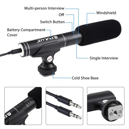 PULUZ Microphone for Everyday Video and Interview Recording - compact shotgun mic with windscreen, cold shoe mount, switch and 3.5mm cables