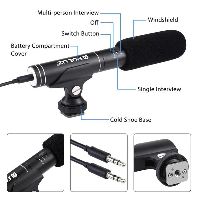 PULUZ Microphone for Everyday Video and Interview Recording - compact shotgun mic with windscreen, cold shoe mount, switch and 3.5mm cables