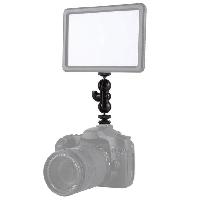 PULUZ Swivel Ball Head with Lock for Camera Tripods mounted between DSLR and LED light for adjustable, stable positioning