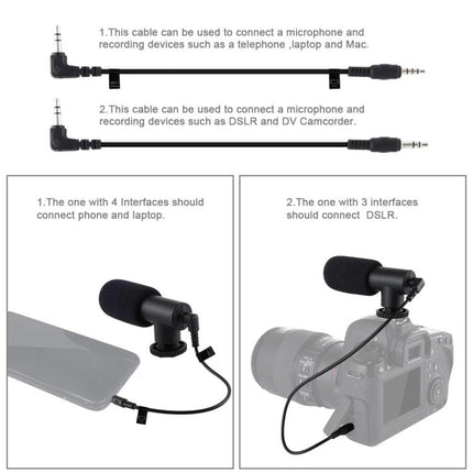 PULUZ Microphone for Everyday Video and Interview Recording shown attached to smartphone and DSLR with connecting cables