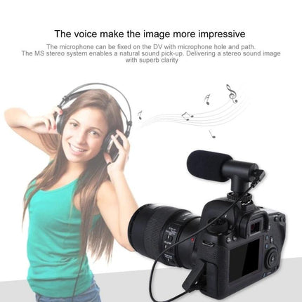 PULUZ Microphone for Everyday Video and Interview Recording attached to DSLR for vlogging and interviews, showing headset user and camera setup