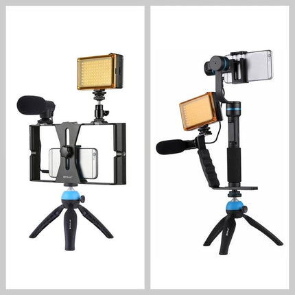 PULUZ Microphone for Everyday Video and Interview Recording mounted on smartphone rig with LED light, tripod and shock-mounted mic for vlogging and interviews