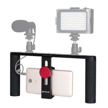 PULUZ Aluminum Smartphone Stabilizer for Vlogging and Filming — dual-handle rig with phone mount, microphone and LED light setup
