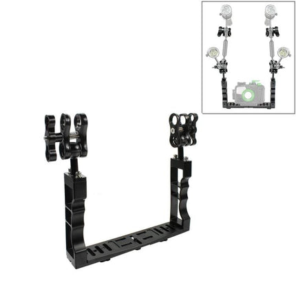 PULUZ Aluminum Tray Stabilizer for Underwater Camera Housings — black aluminum tray with dual arm clamps and mounting slots for strobes and lights