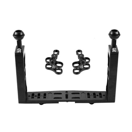 PULUZ Aluminum Tray Stabilizer for Underwater Camera Housings showing black aluminum tray with two vertical arms and mounting clamps