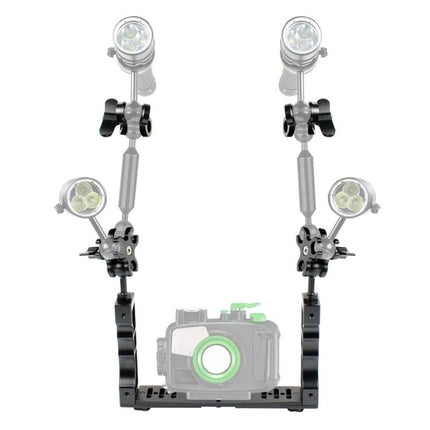 PULUZ Aluminum Tray Stabilizer for Underwater Camera Housings mounted with dual arms and strobes for stable underwater shooting