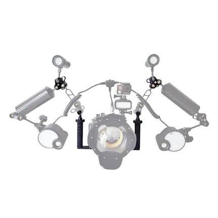 PULUZ Aluminum Tray Stabilizer for Underwater Camera Housings mounted with dual handles, lights and strobes for stable underwater photography
