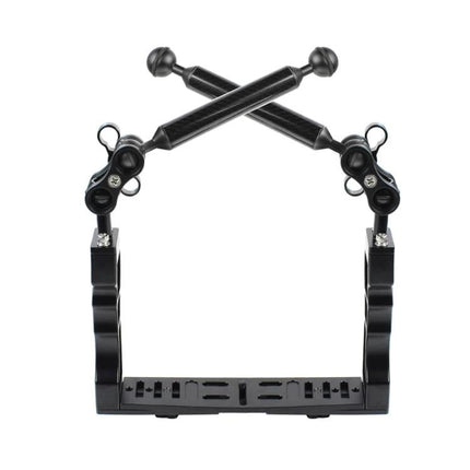 PULUZ Dual Handle Stabilizer for Underwater Cameras with dual handle tray, ball clamps and adjustable floating arms for mounting lights and accessories