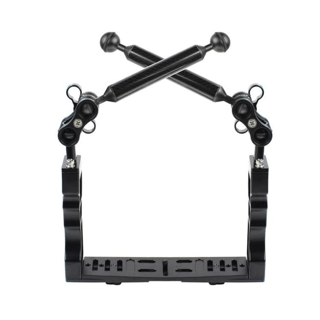 PULUZ Dual Handle Stabilizer for Underwater Cameras with dual handle tray, ball clamps and adjustable floating arms for mounting lights and accessories