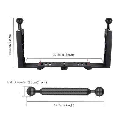 PULUZ Dual Handle Stabilizer for Underwater Cameras black dual-handle tray with ball clamps and floating arms, 12-inch width, 7-inch center arm