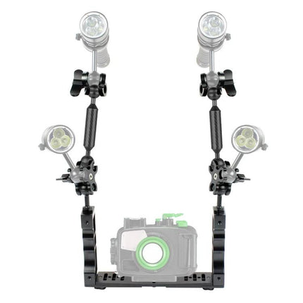PULUZ Dual Handle Stabilizer for Underwater Cameras with dual handle tray, ball clamps and floating arms shown with lights and accessory mounts