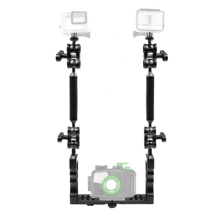 PULUZ Aluminum Dual Ball Clamp for Underwater Camera Accessories - dual-arm tray with handles and ball head mounts for lights and housings
