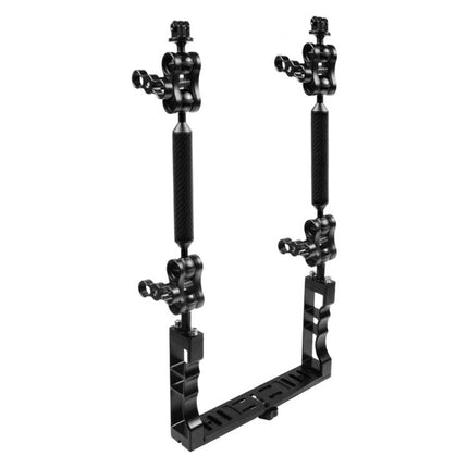 PULUZ Aluminum Dual Ball Clamp for Underwater Camera Accessories mounted on tray with dual arms and ball head adapters for secure diving setups