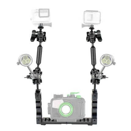 PULUZ Aluminum Dual Ball Clamp for Underwater Camera Accessories mounted on tray with dual lights and action camera housing