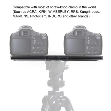 PULUZ 200mm Quick Release Plate for Benro Tripod Ball Heads mounted on tripod showing dual camera compatibility and Arca-Swiss style clamp