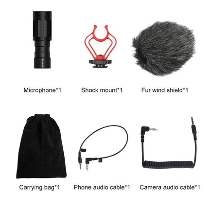 PULUZ Microphone for Everyday Video Recording on Devices kit showing mic, shock mount, fur wind shield, cables and carrying bag