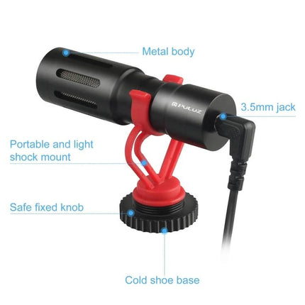 PULUZ Microphone for Everyday Video Recording on Devices - compact metal body with portable shock mount, cold shoe base and 3.5mm jack