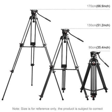PULUZ Aluminum Tripod for DSLR Cameras with Adjustable Height shown at 90cm, 130cm and 170cm with fluid head and rubber feet