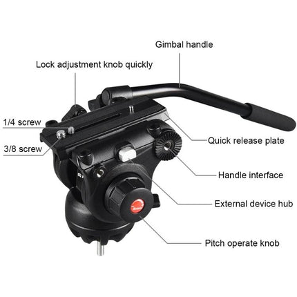 PULUZ Aluminum Tripod for DSLR Cameras with Adjustable Height fluid damping gimbal head with handle, quick release plate, pitch operate knob and rubber feet
