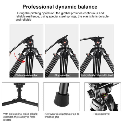 PULUZ Aluminum Tripod for DSLR Cameras with Adjustable Height showing fluid damping head, rubber feet and adjustable legs for stable outdoor and studio use
