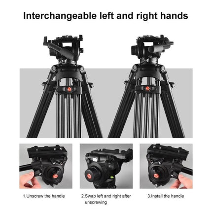 PULUZ Aluminum Tripod for DSLR Cameras with Adjustable Height showing interchangeable left and right handles and fluid head