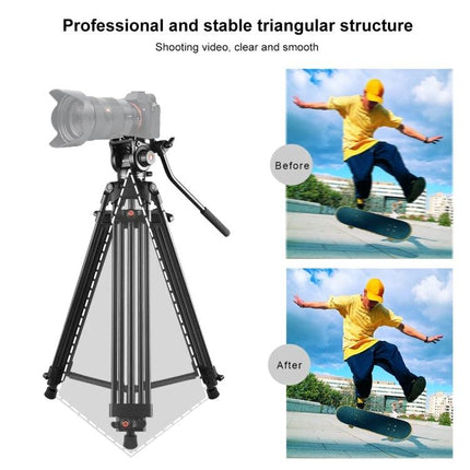 PULUZ Aluminum Tripod for DSLR Cameras with Adjustable Height providing stable triangular support with fluid head and rubber feet for outdoor and studio shooting