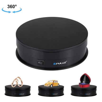 PULUZ 15cm Electric Rotating Display Turntable for Photography showing black rotating platform with jewelry and small items