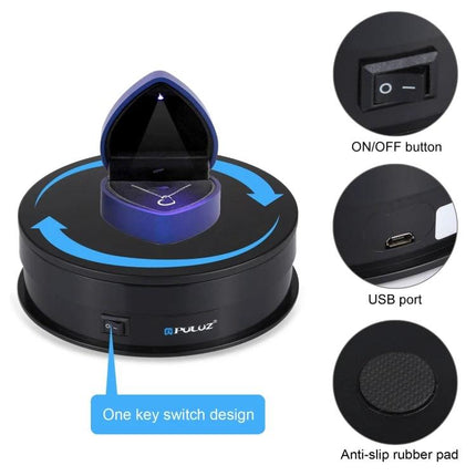 PULUZ 15cm Electric Rotating Display Turntable for Photography showing black rotating platform with on/off switch USB port and anti-slip pad