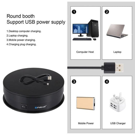 PULUZ 15cm Electric Rotating Display Turntable for Photography showing black USB-powered rotating display with cable and power sources